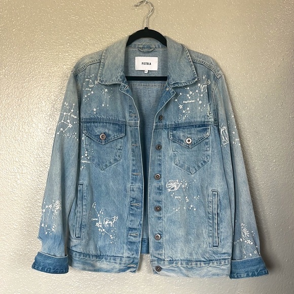 Pistola Boyfriend Oversized Astrology Denim Jean Jacket Sz Large - Picture 12 of 13